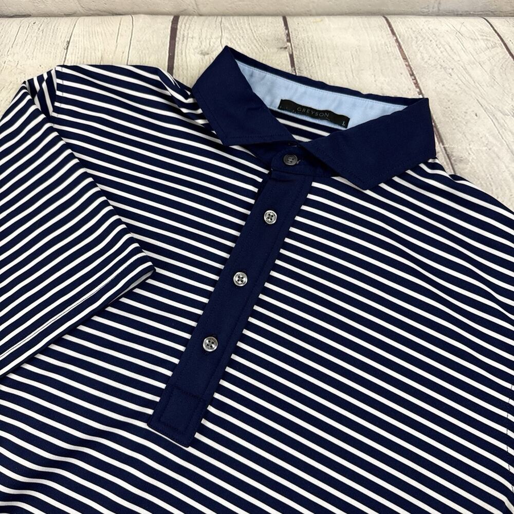 Greyson Golf Polo Shirt Mens Size Large Blue Striped Short Sleeve EUC
